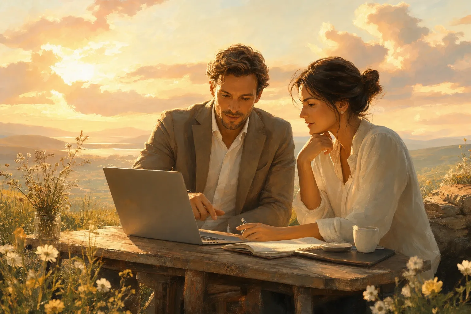 Two professionals reviewing a laptop at a rustic outdoor table at sunset, on the About page of Amina’s web and SEO practice.