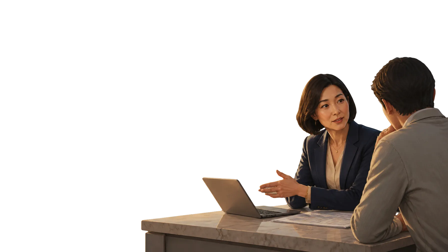 An accountant explaining figures on a laptop to a client at a marble desk, the hero foreground on Amina’s SEO for accounting firms page.