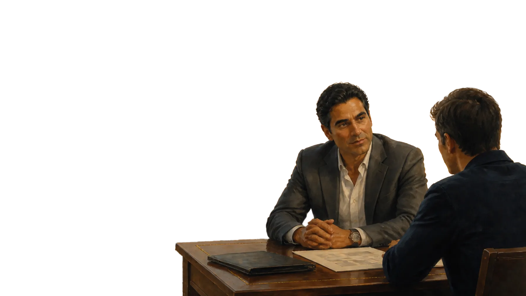 A consultant in a grey suit in conversation with a client across a desk, the hero foreground on Amina’s SEO for consultants page.