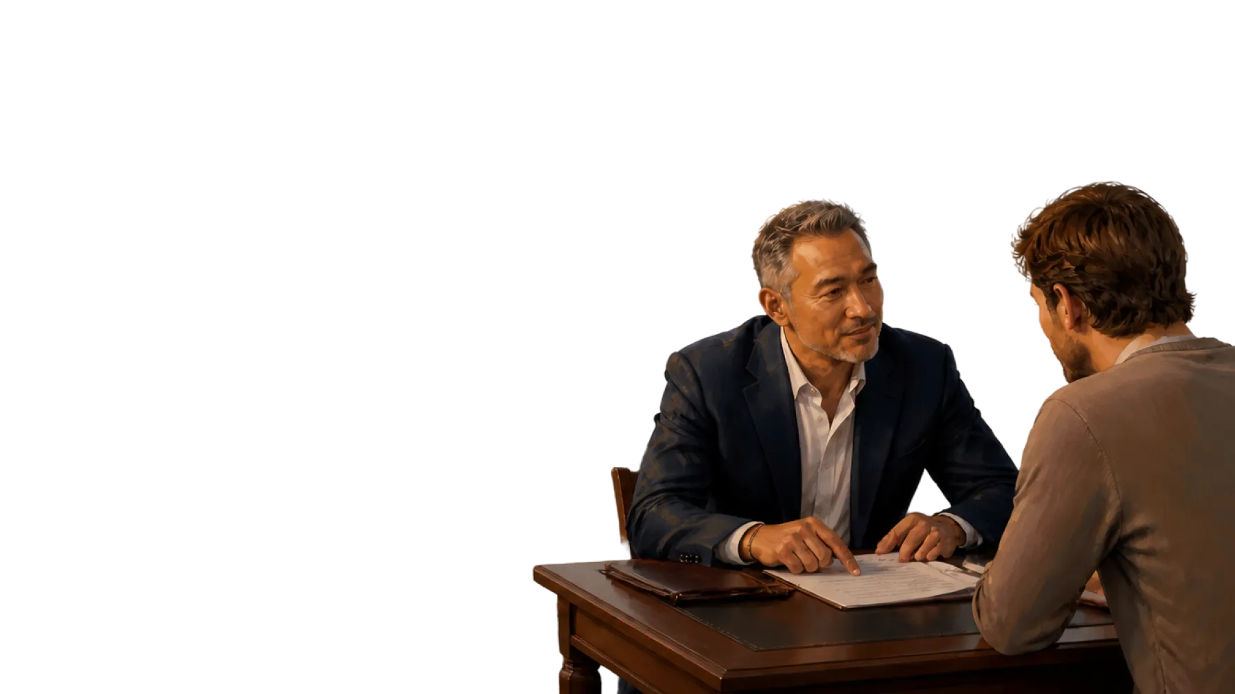 A lawyer in a navy suit talking a client through a document across a desk, the hero foreground on Amina’s SEO for law firms page.