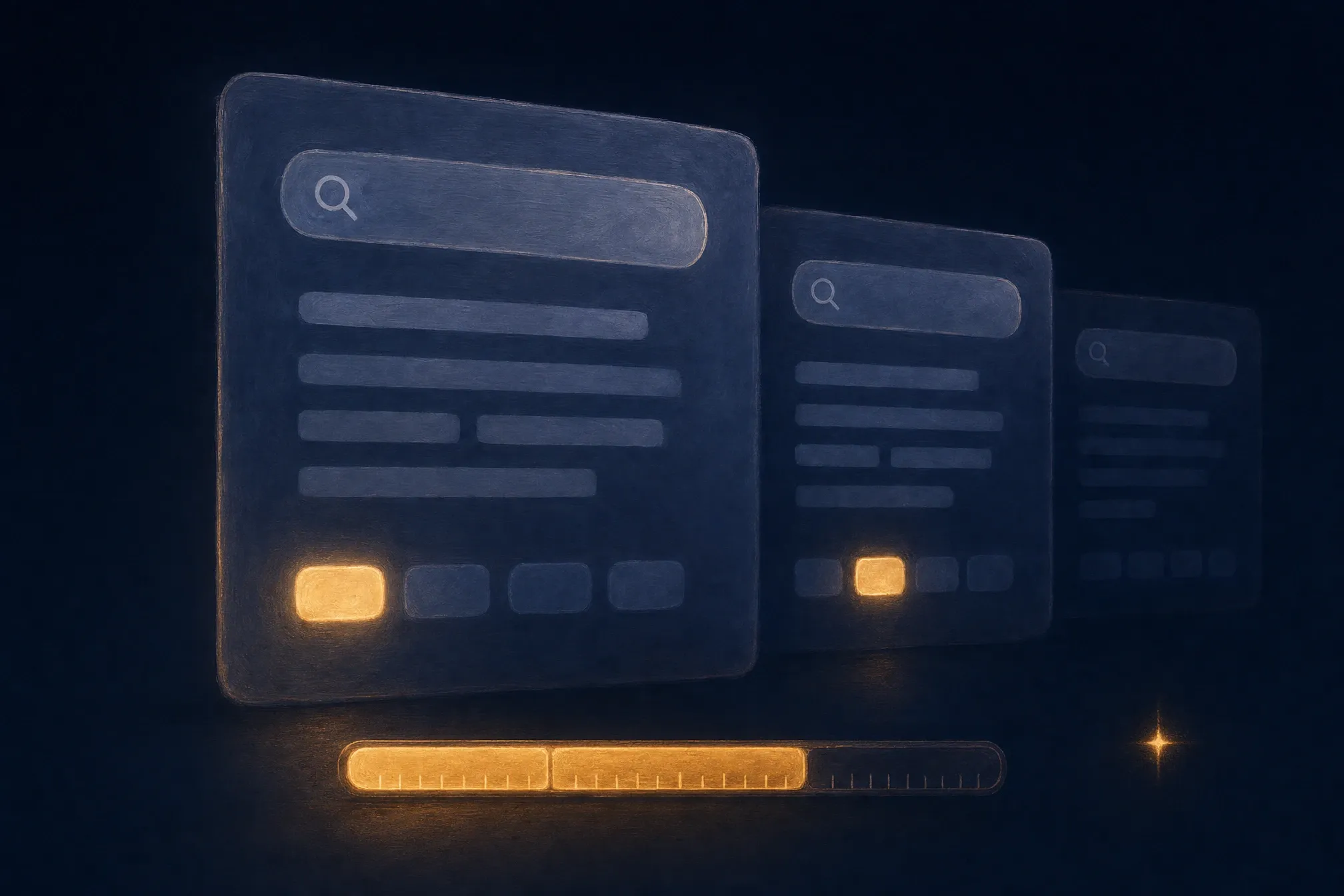 Three AI answer panels receding into the dark, one reply lit amber above a filling meter, on Amina’s AI visibility service card.