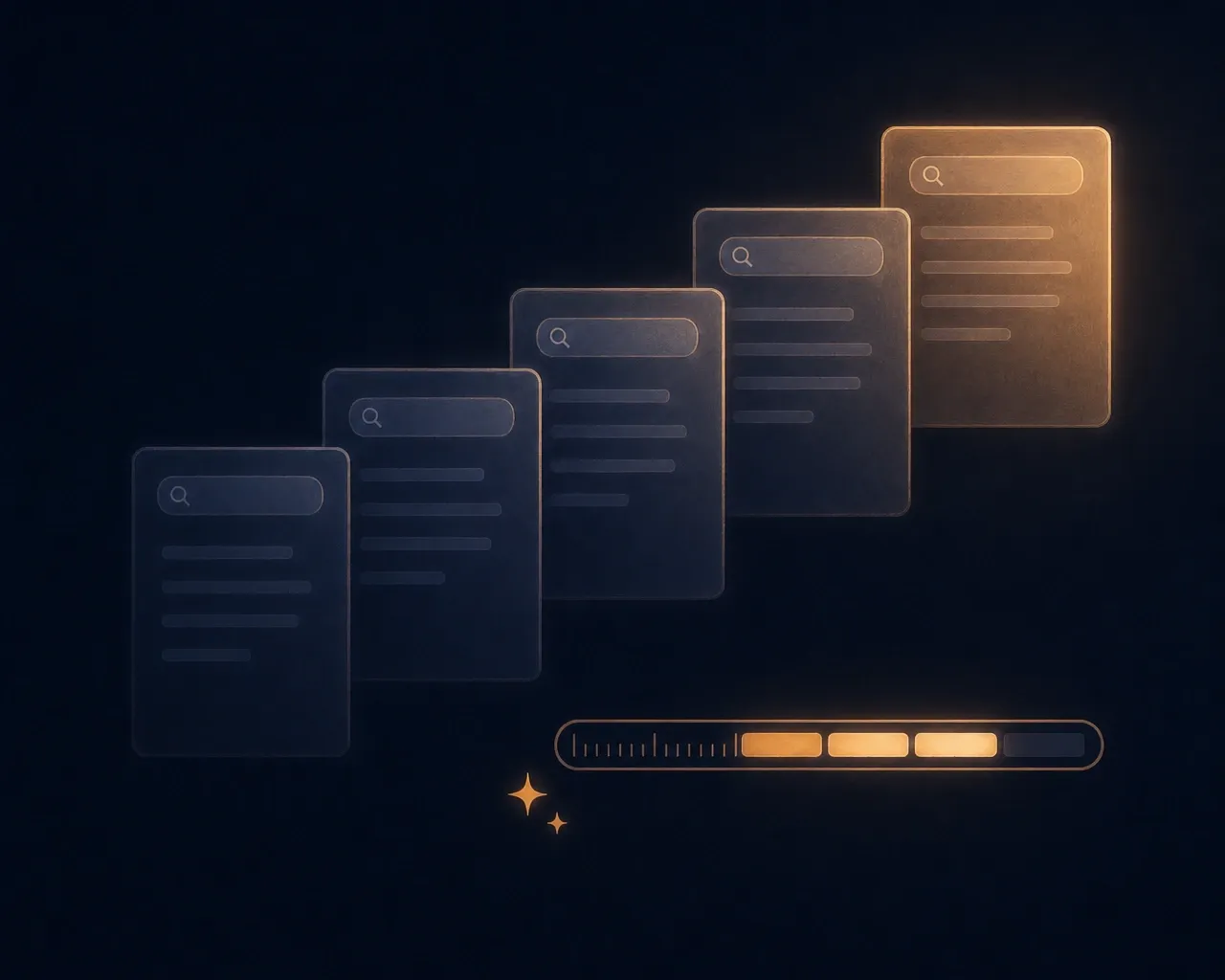 Five article cards ascending into the light, the furthest lit amber above a filling meter, on Amina’s content engine service card.
