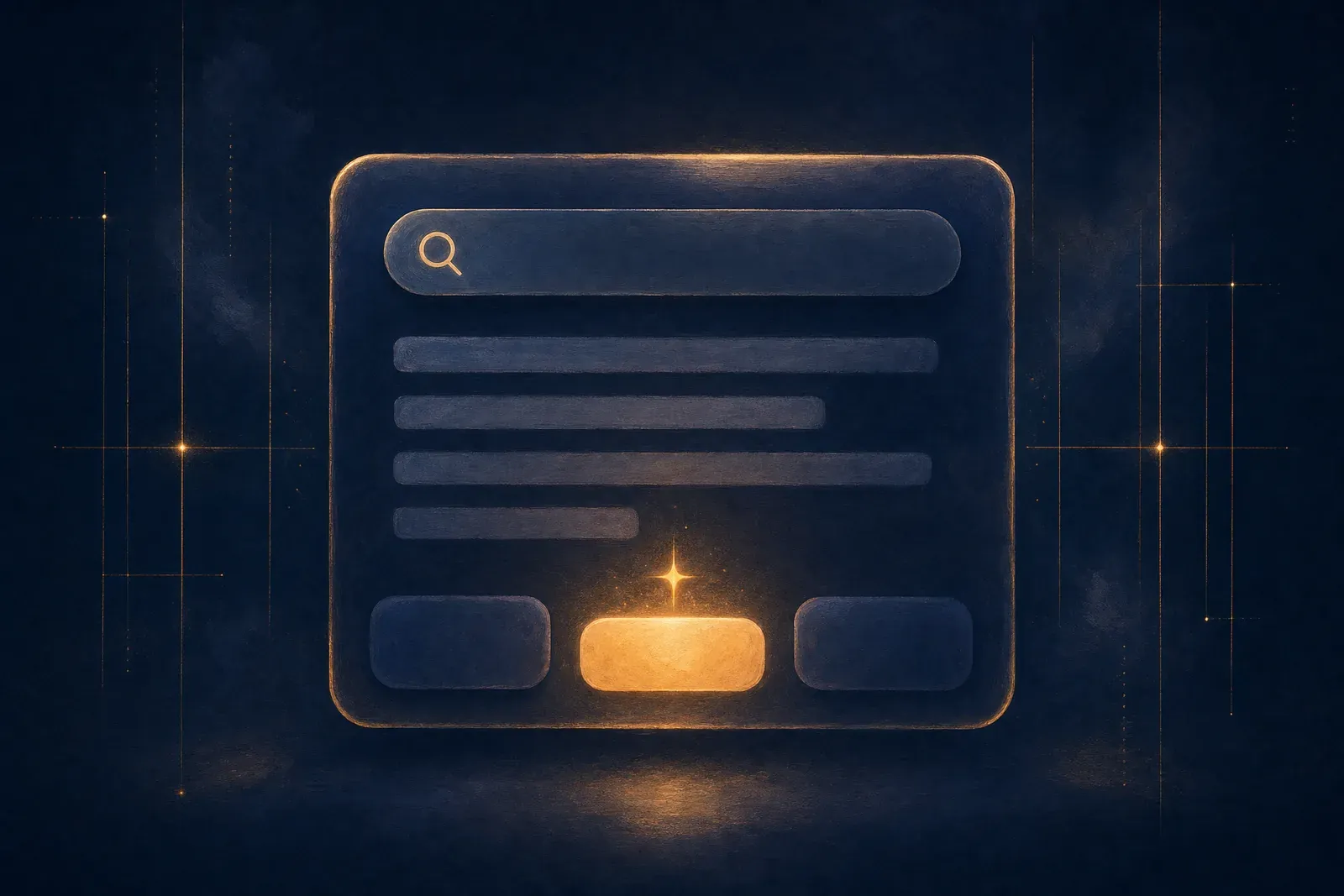 Illustrated search results panel with one amber-lit action button, marking Amina’s SEO and AI visibility service on the homepage.