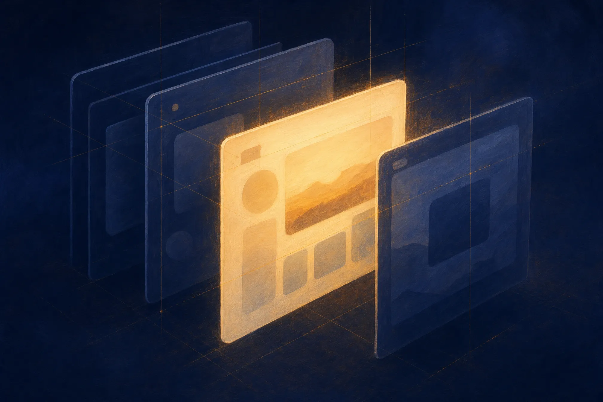 Layered website page panels with the front one lit amber, on the card linking to Amina’s web build service from the Solutions pages.