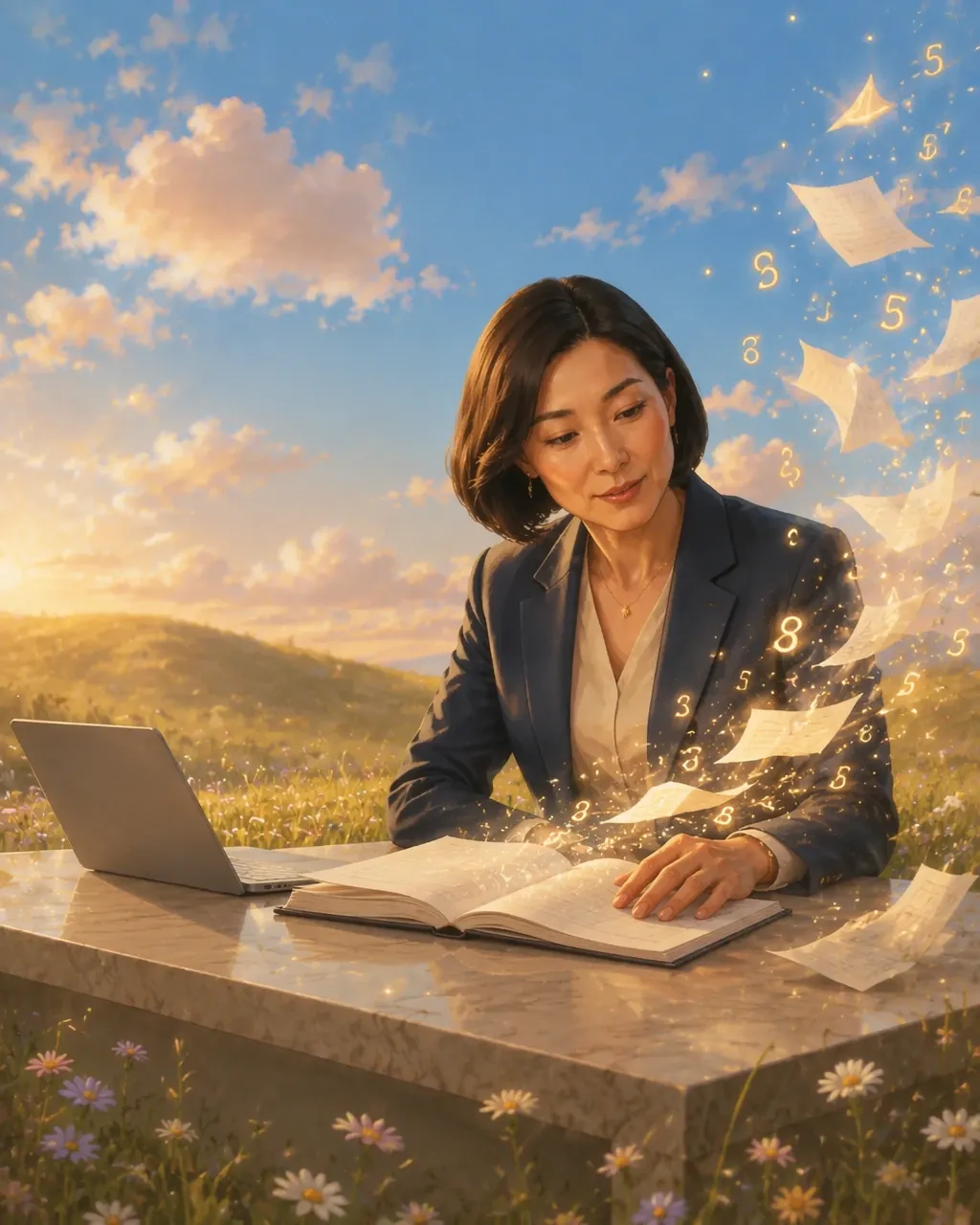 An accountant reviewing a ledger at a marble desk as figures lift from the page, illustrating SEO for accounting firms at Amina.