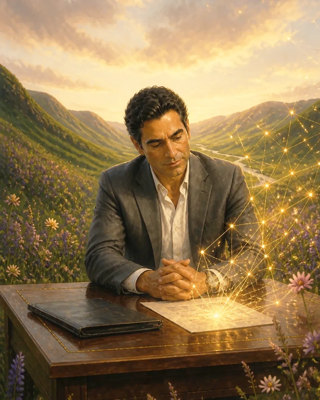 A consultant at a desk in a green valley as a glowing strategy diagram rises from the page, illustrating SEO for consultants at Amina.