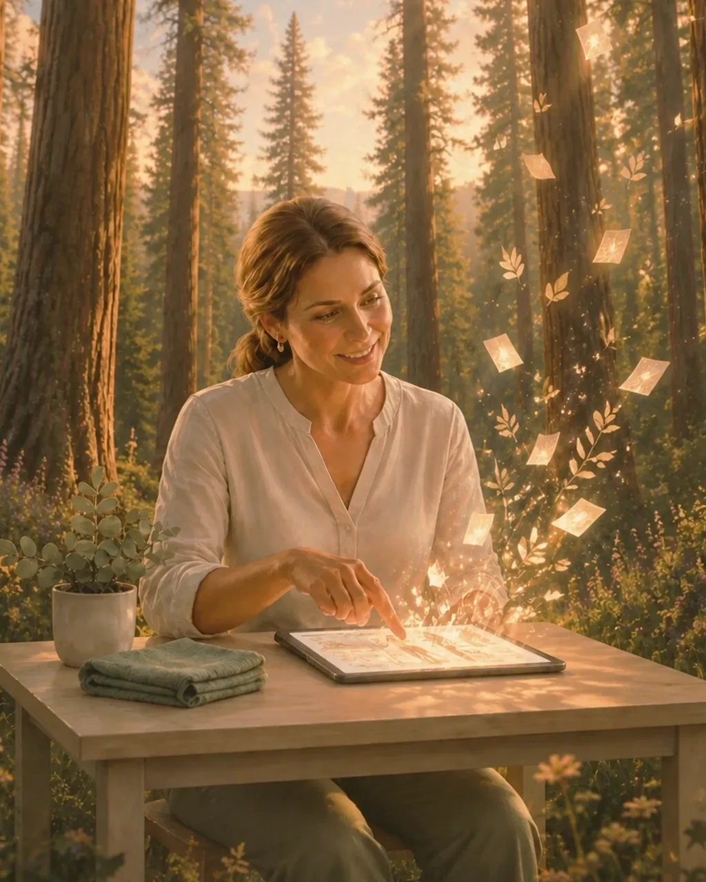 A practitioner tapping a tablet among tall redwoods as care cards rise from the screen, illustrating SEO for health practices at Amina.