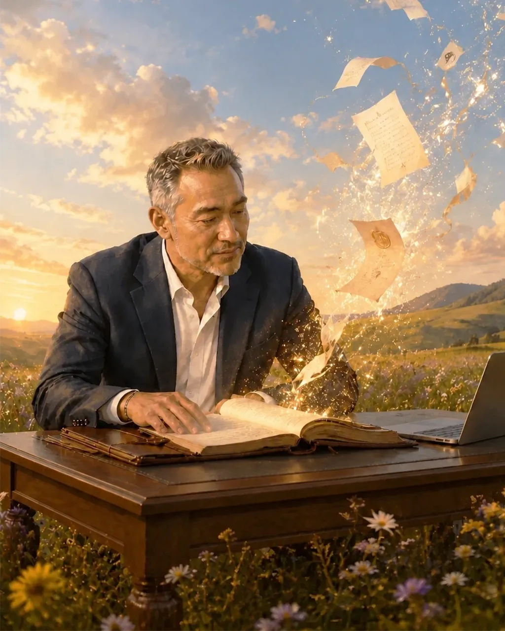 A lawyer reading a case file at a desk in a meadow as pages lift glowing from the book, illustrating SEO for law firms at Amina.